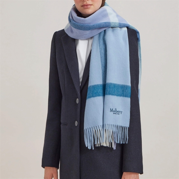 Mulberry Large Check Merino Wool Scarf Poplin Blue & White